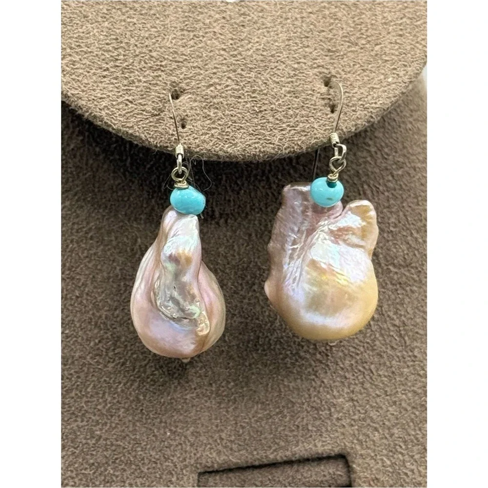 Freshwater Pearl & Turquoise Dangle Earrings - Pink Pearl